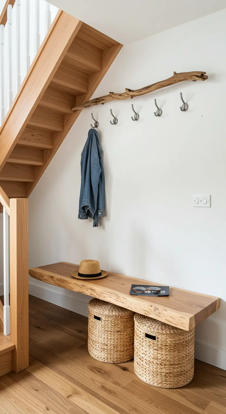 Rincón bajo la escalera con un perchero hecho de una rama, banco de madera y cestas de mimbre.