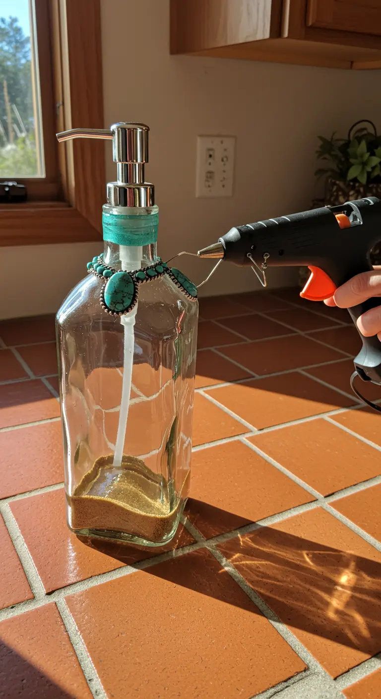 Dispensador de jabón DIY en botella de vidrio con arena en el fondo y cuentas turquesas.