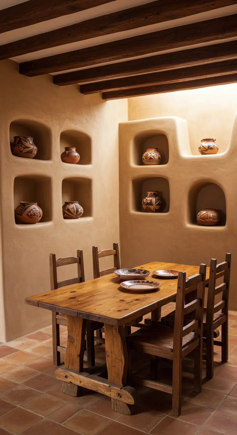 Comedor rústico con paredes de adobe y nichos que exhiben cerámica artesanal.