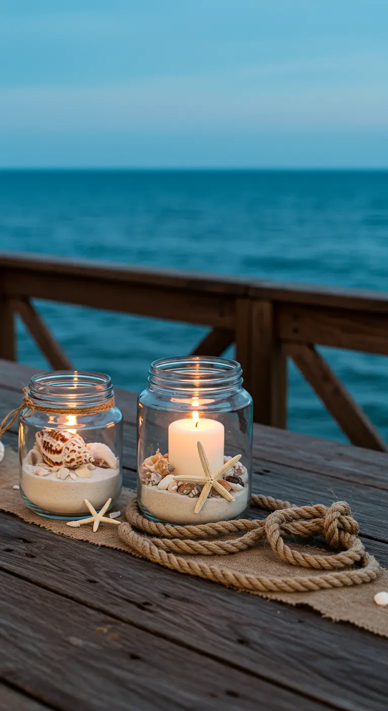 Portavelas de tarro de cristal con arena, conchas y una estrella de mar en un muelle.