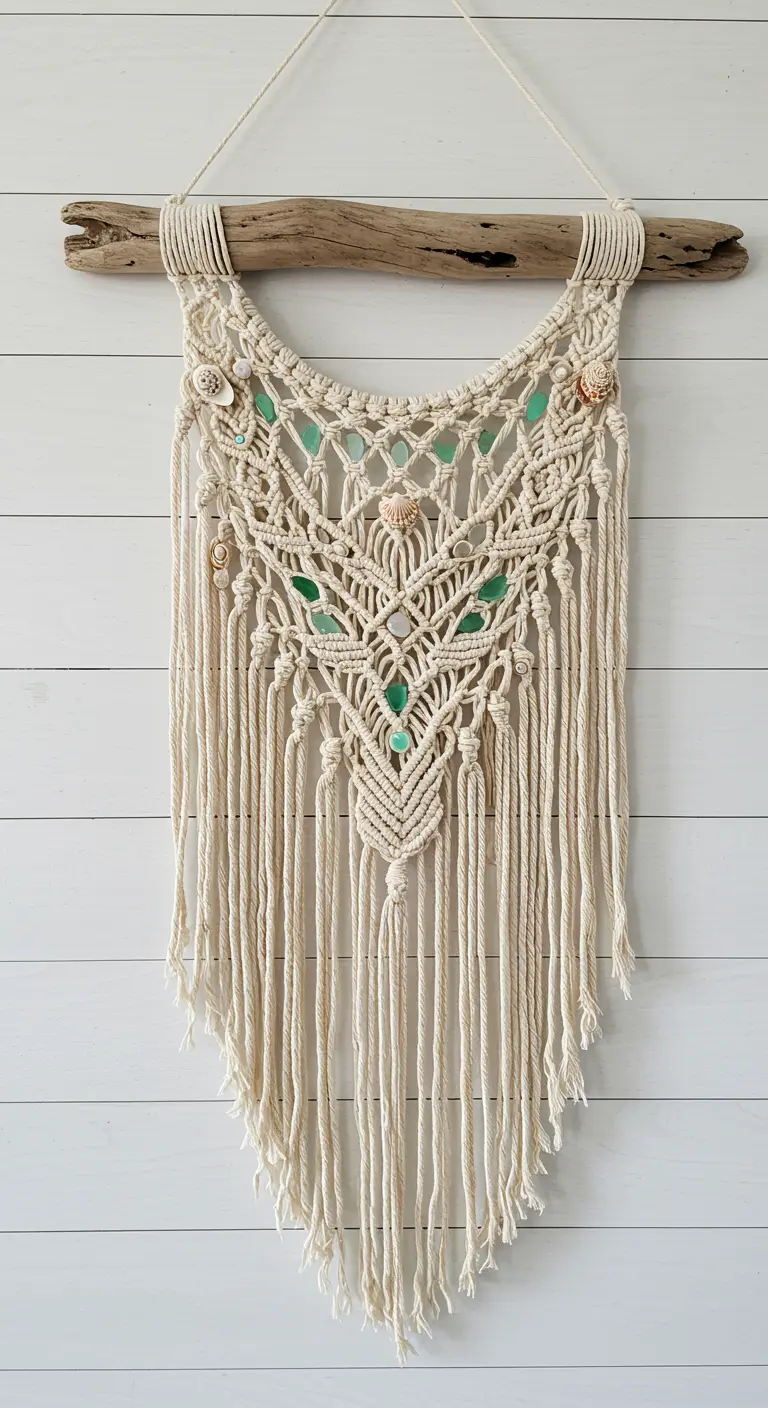 Tapiz de macramé de estilo playero decorado con cristales de mar de color verde y conchas marinas.