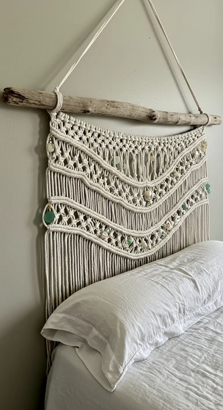 Cabecera de macramé de algodón crudo adornada con cristales de mar de color turquesa.