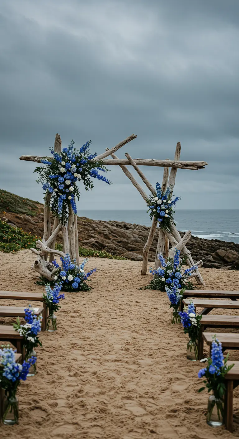 Altar de boda asimétrico con madera de deriva y flores azules en la playa.