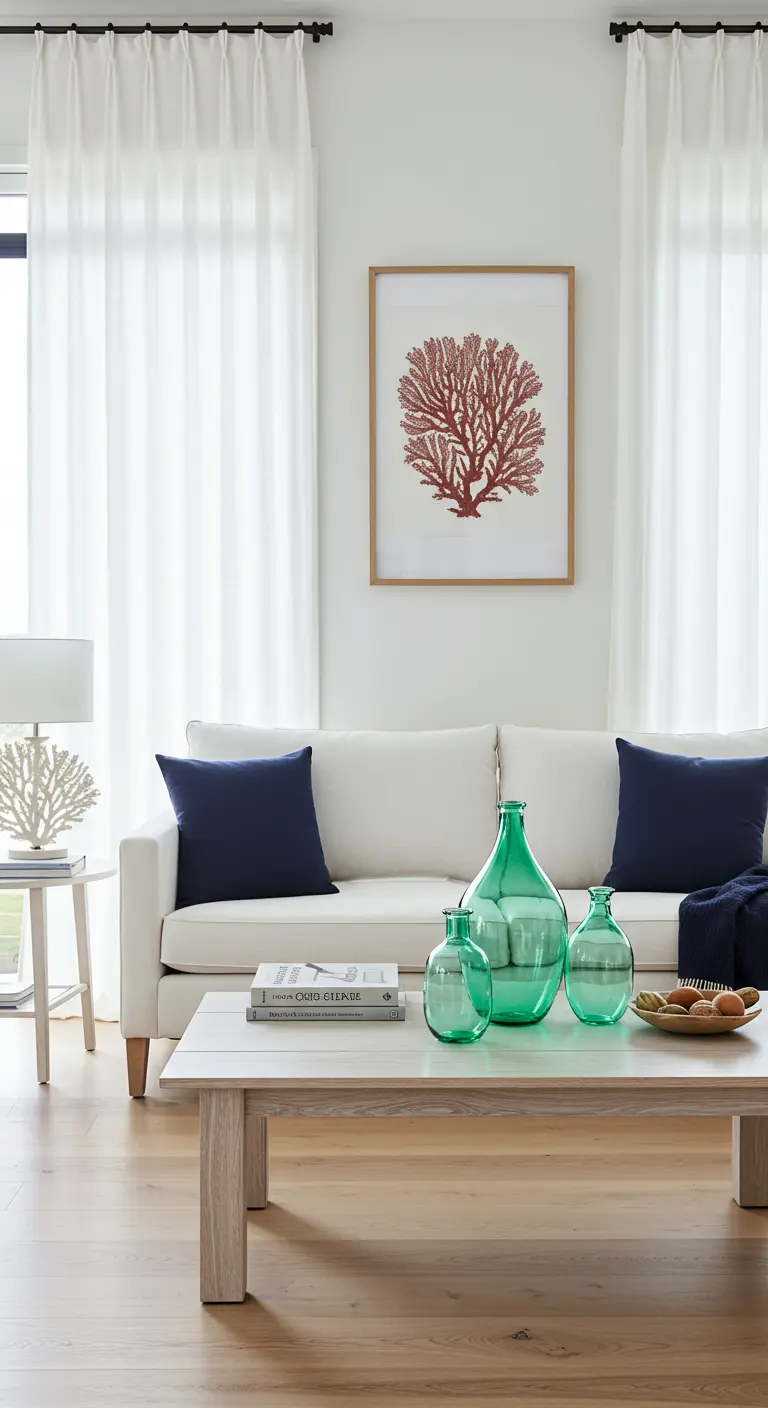 Decoración costera con sofá blanco, cojines azul marino y botellas de vidrio verde.