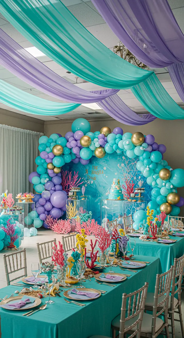 Decoración de fiesta submarina con globos turquesas, morados y corales.