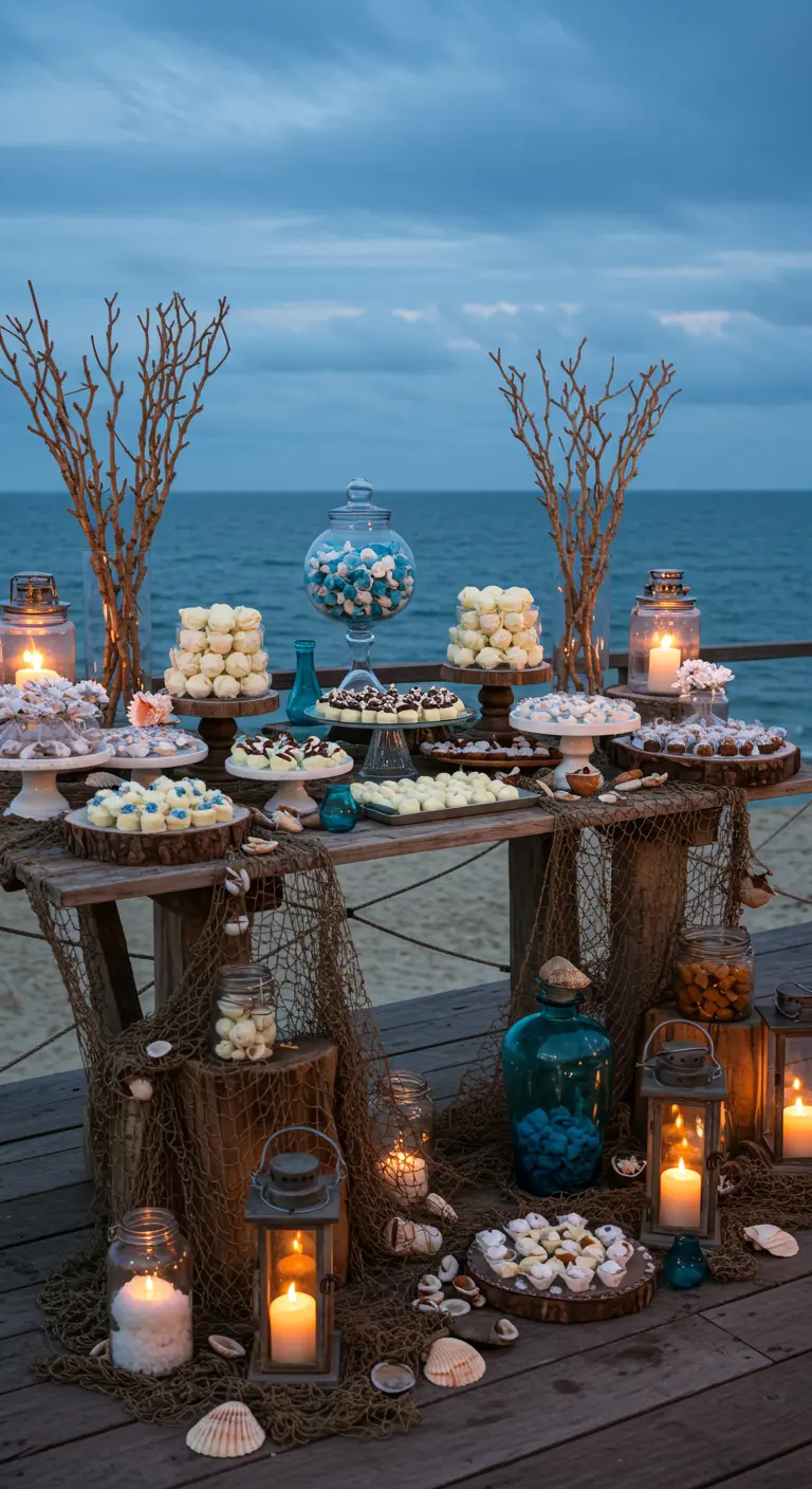 Mesa de postres en la playa al atardecer, decorada con redes, conchas y farolillos.