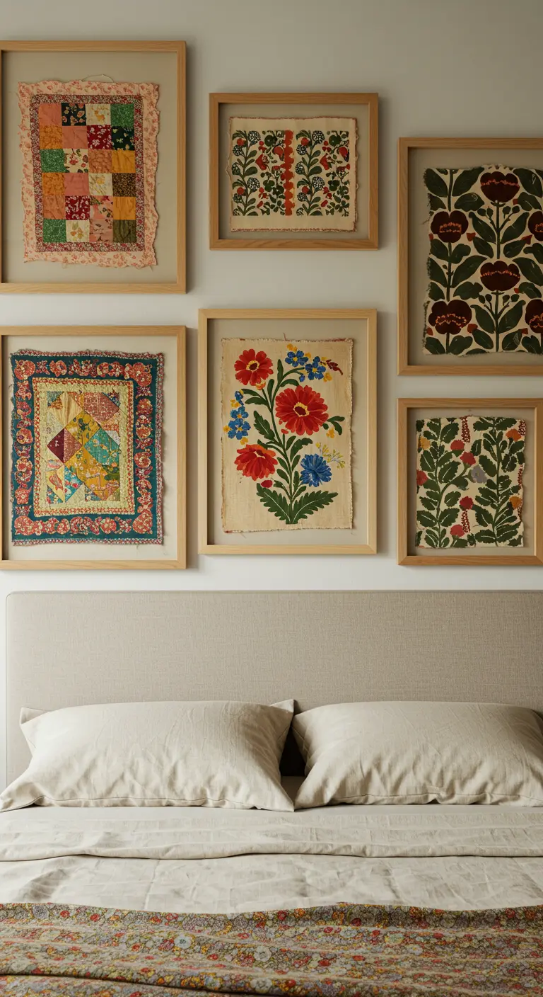Galería de pared sobre la cama con varios retales de tela bordada y patchwork enmarcados.