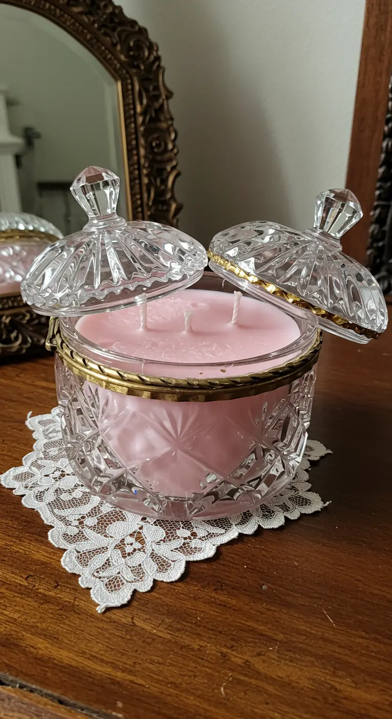 Vela rosa de dos mechas en una bombonera de cristal tallado vintage con borde dorado