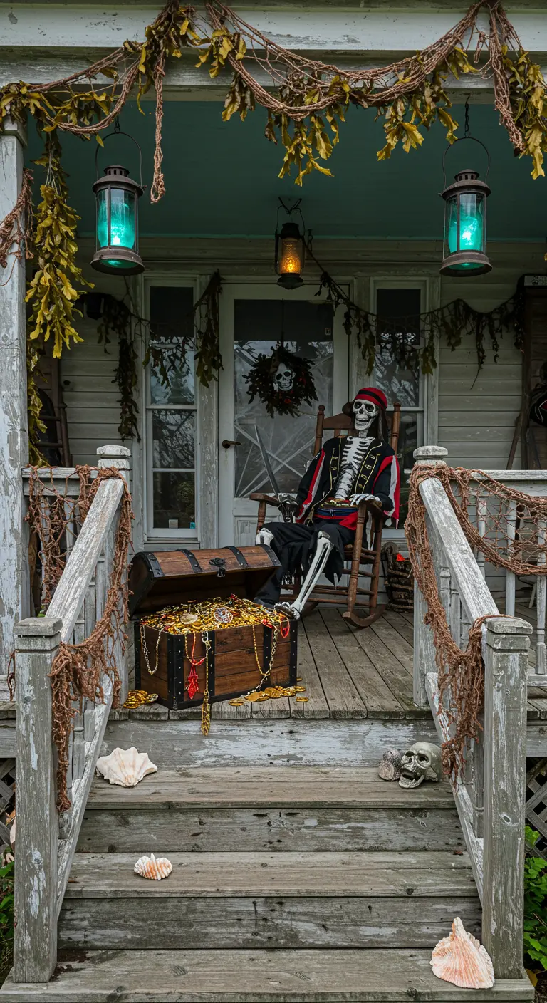 Porche de madera con un esqueleto pirata sentado junto a un cofre del tesoro abierto.