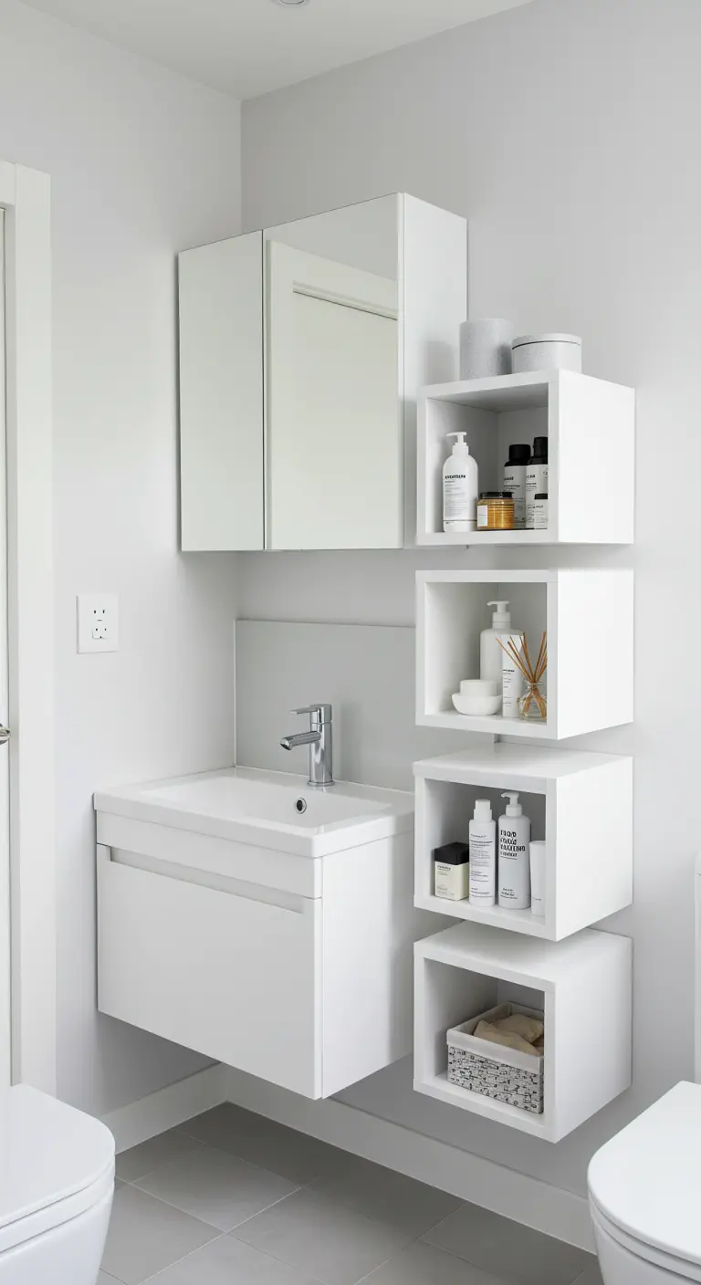 Baño blanco con lavabo flotante y una columna de cuatro estantes cúbicos flotantes.