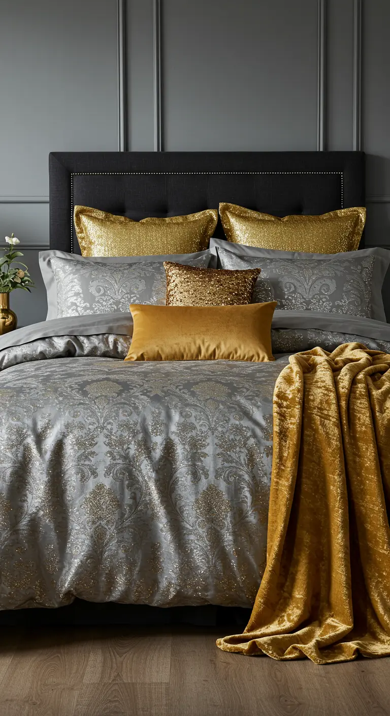 Cama con lujosa ropa de cama gris y plateada, acentuada con cojines dorados de lentejuelas y terciopelo.