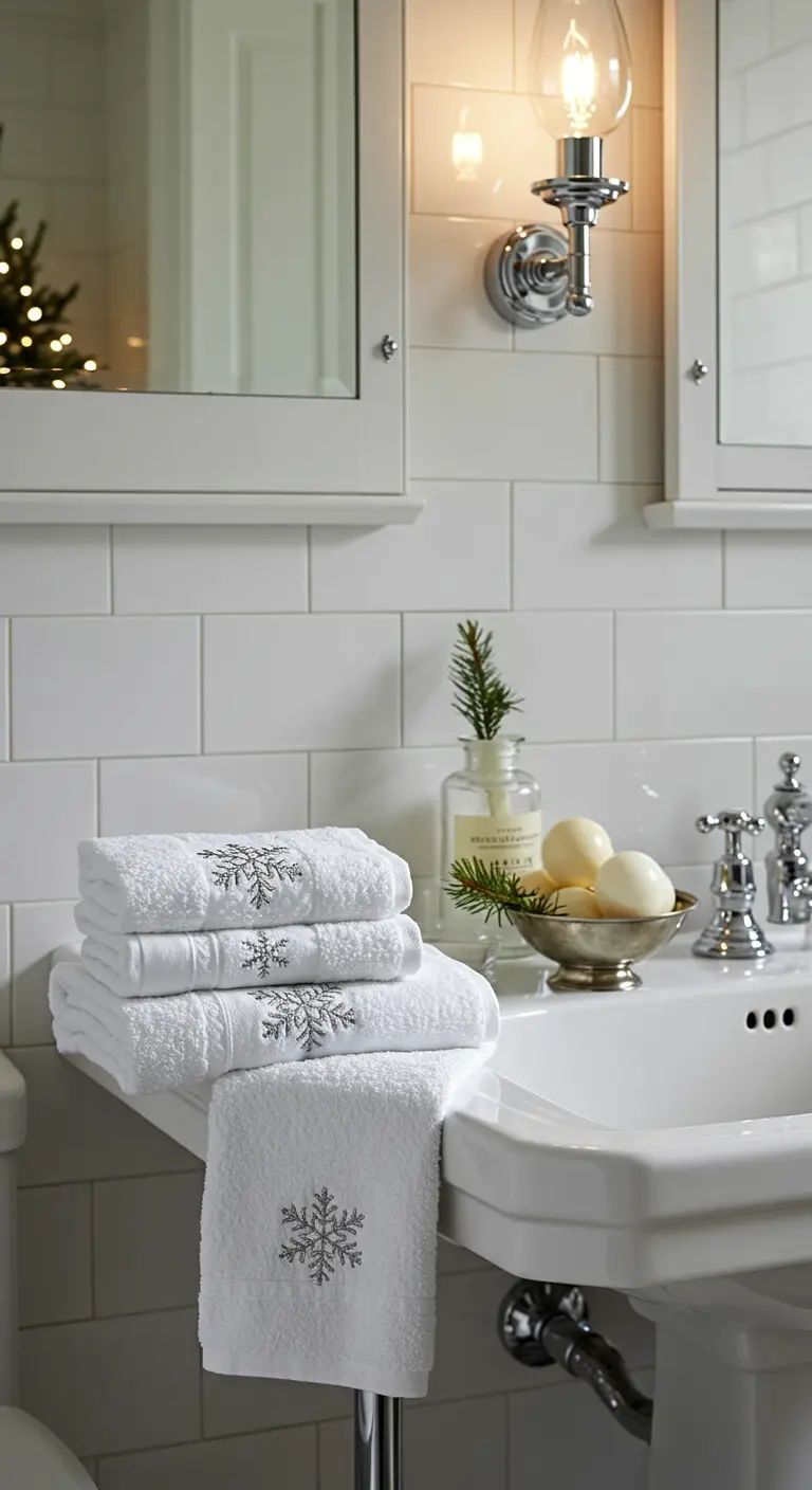 Toallas blancas con copos de nieve plateados bordados, apiladas junto a un lavabo clásico.