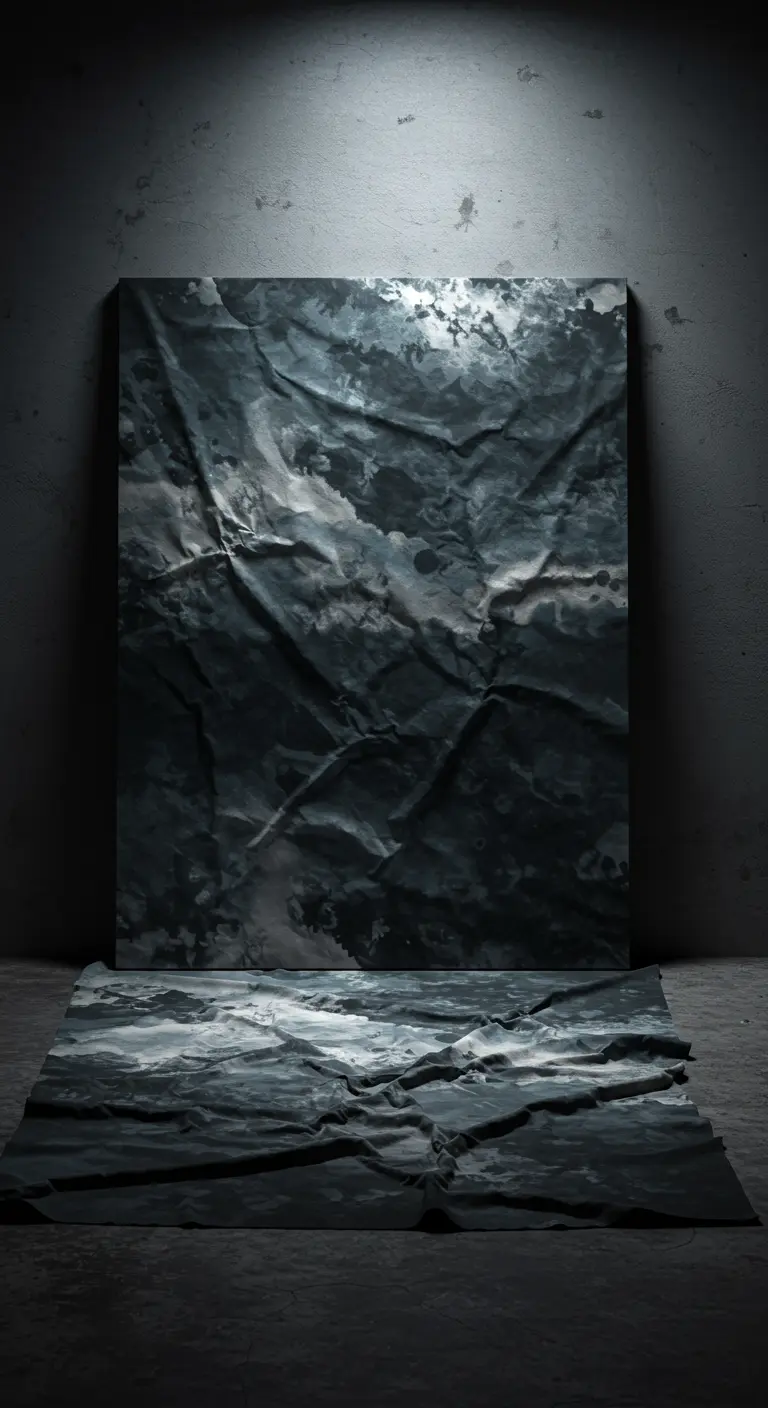Lienzo con una textura arrugada y pintada en tonos grises oscuros, creando un efecto dramático.