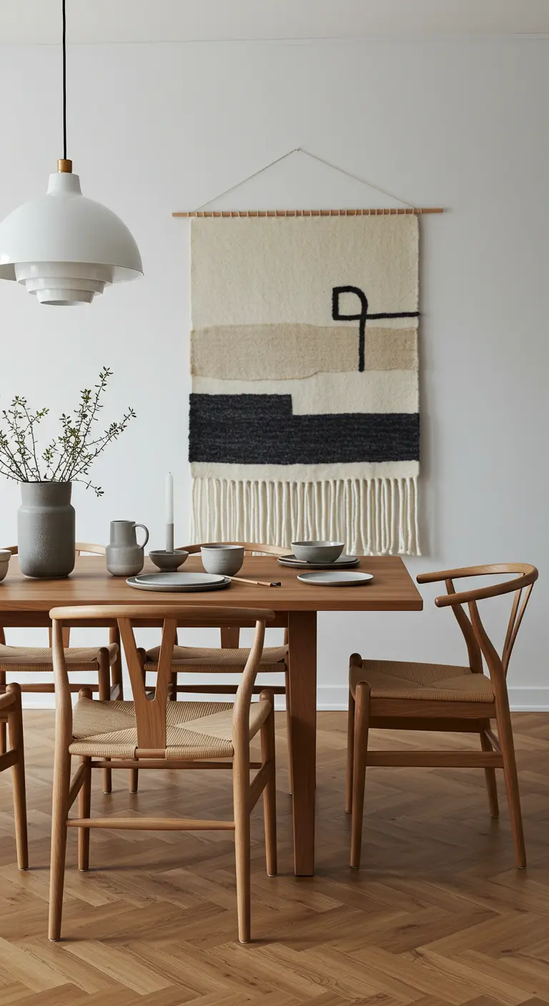 Comedor escandinavo con un gran tapiz de lana en la pared y sillas Wishbone de madera.