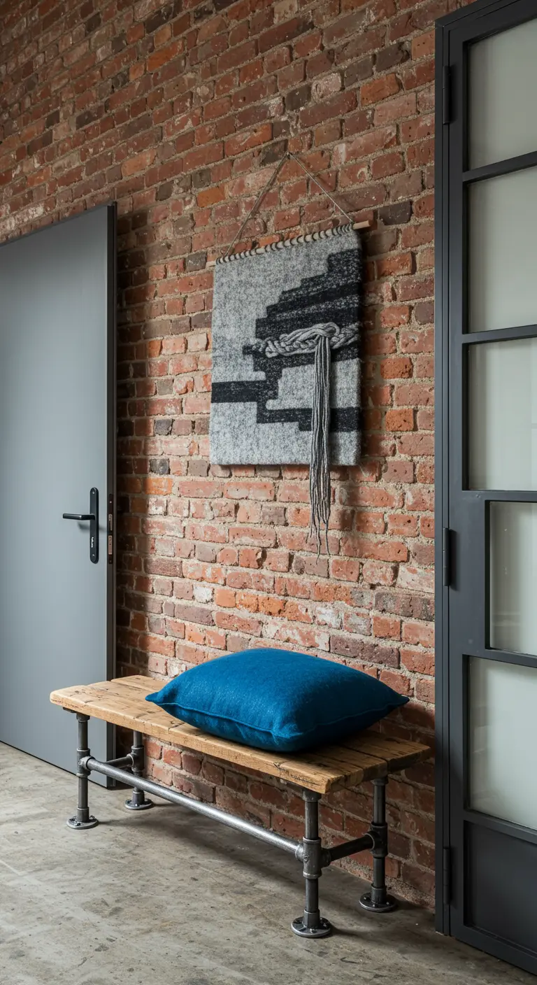 Banco de madera y tuberías con un cojín azul, junto a una pared de ladrillo con un tapiz tejido.