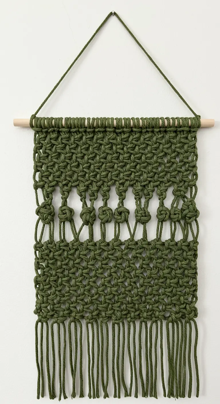 Tapiz de macramé de color verde oliva con nudos texturizados y flecos en la parte inferior.