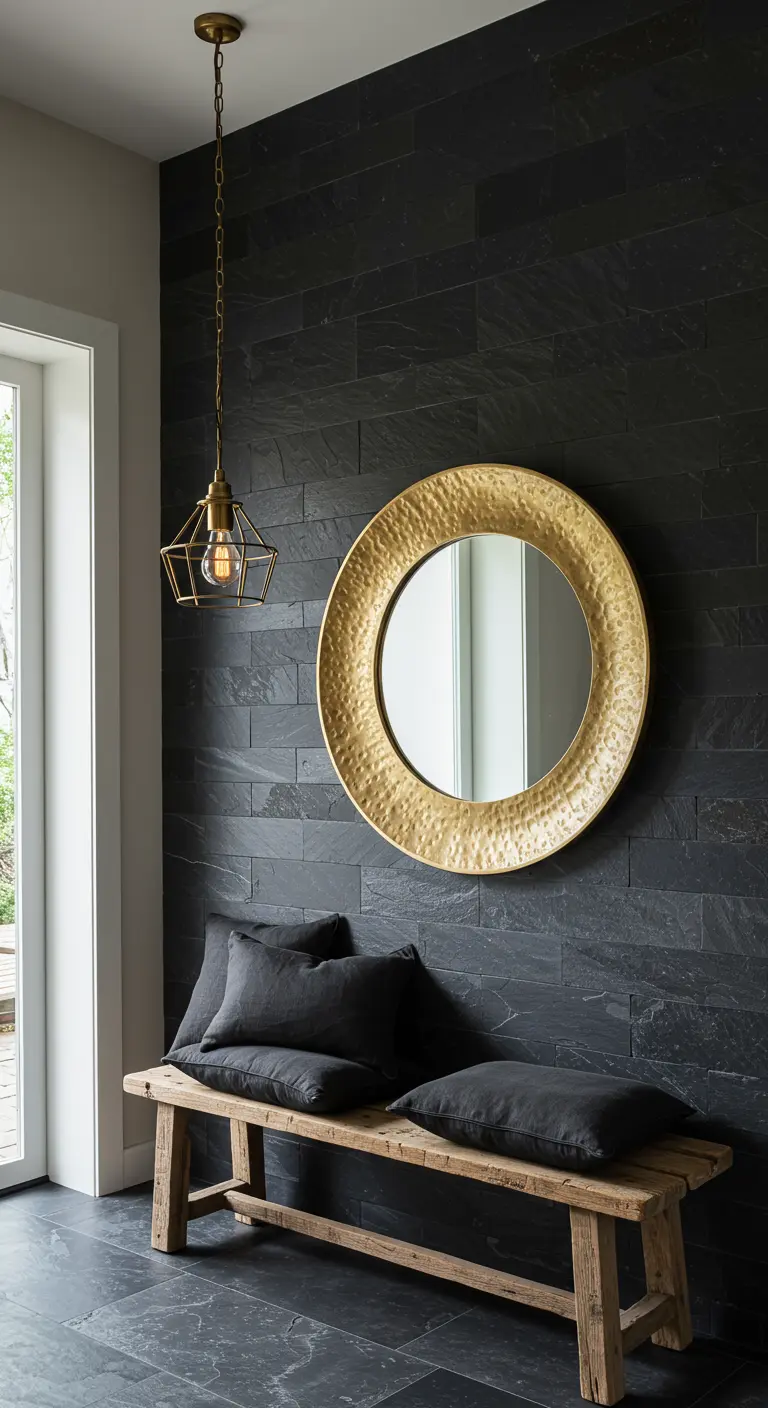 Pared de pizarra oscura con un gran espejo redondo de marco dorado martillado y un banco de madera.