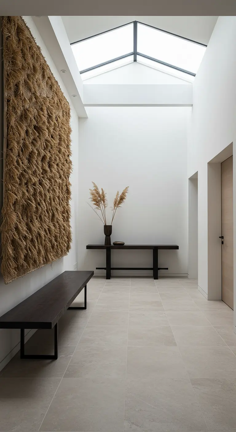 Recibidor blanco minimalista con un gran tapiz texturizado y un banco oscuro.