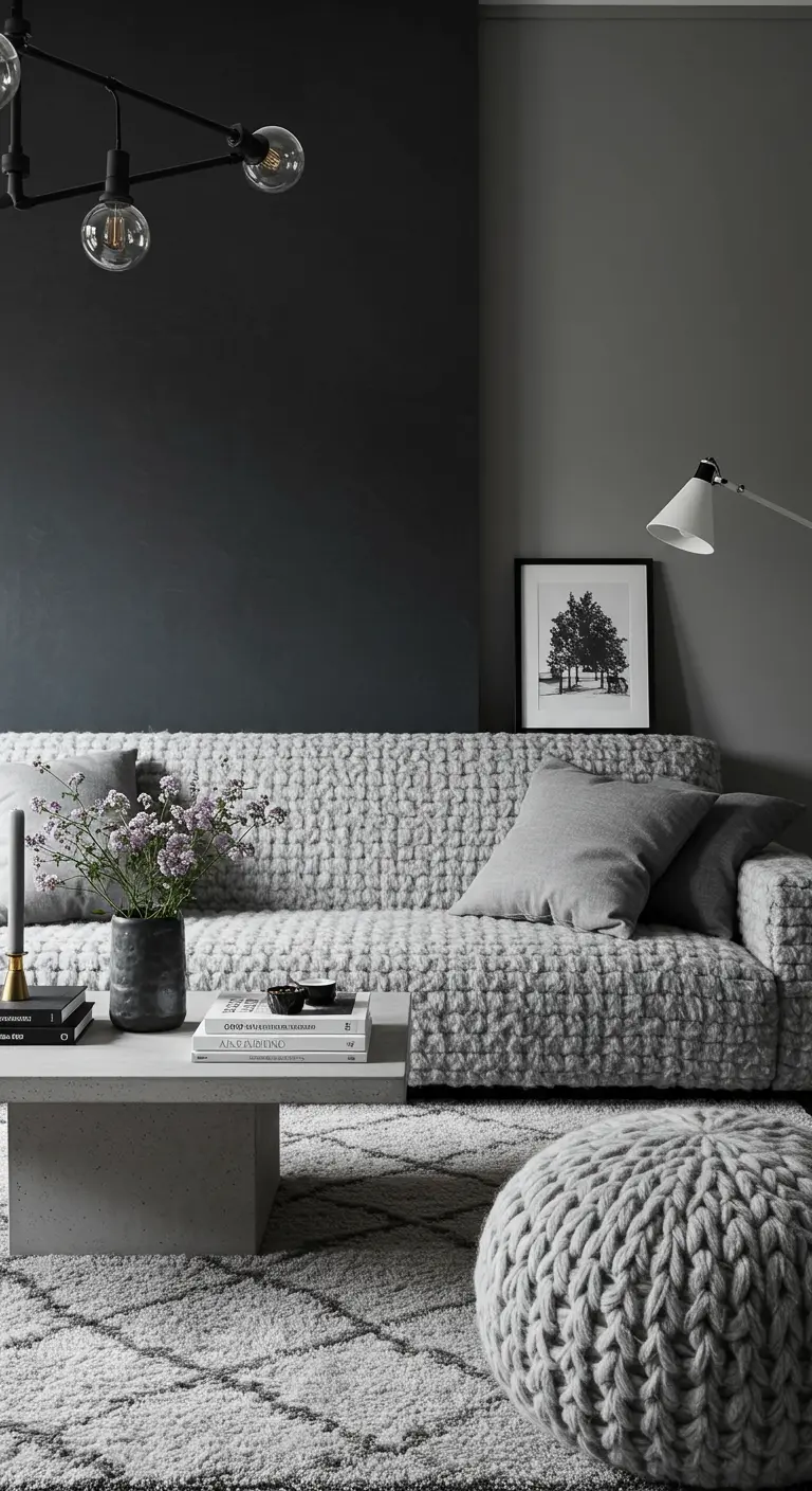 Sofá seccional de tela bouclé gris en un salón monocromático con una mesa de centro de hormigón.