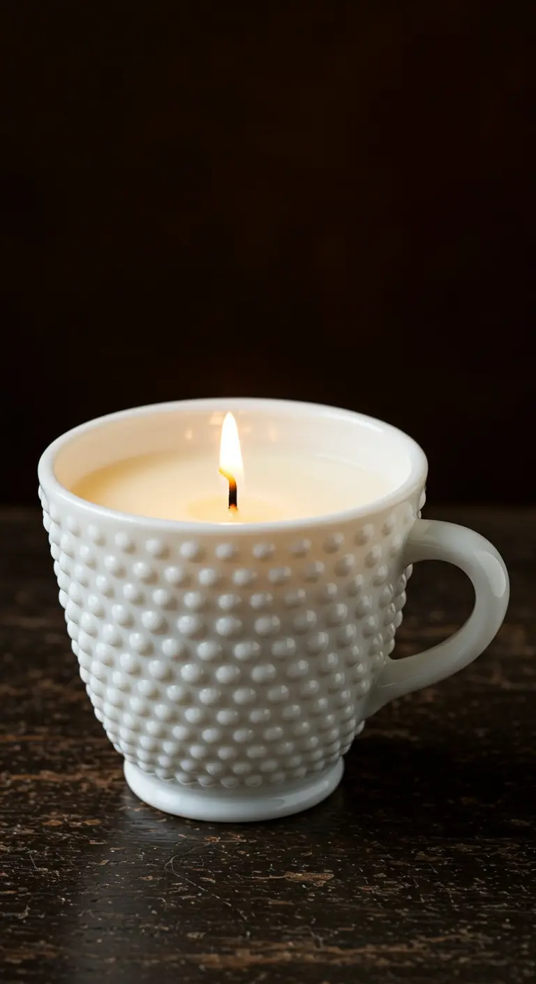 Vela encendida en una taza de vidrio opalino blanco con textura de puntos en relieve