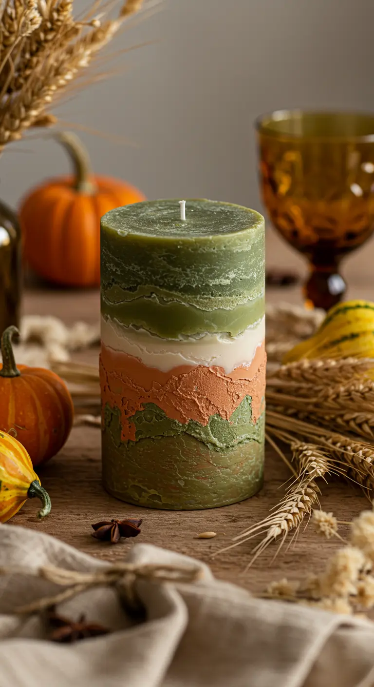 Vela cilíndrica con capas texturizadas en verde, blanco y naranja, sobre una mesa rústica.