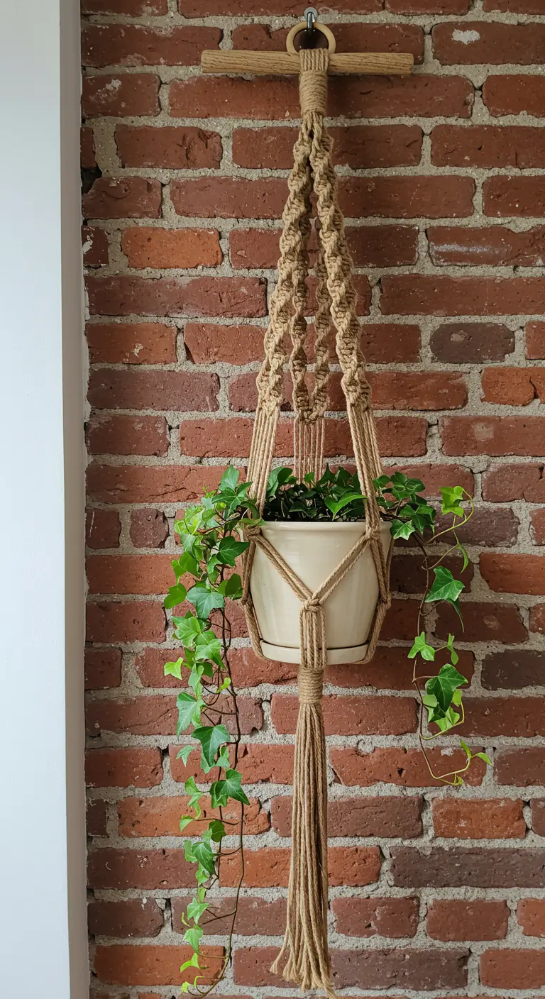 Colgador de macramé de yute rústico con una hiedra colgando sobre una pared de ladrillo rojo.