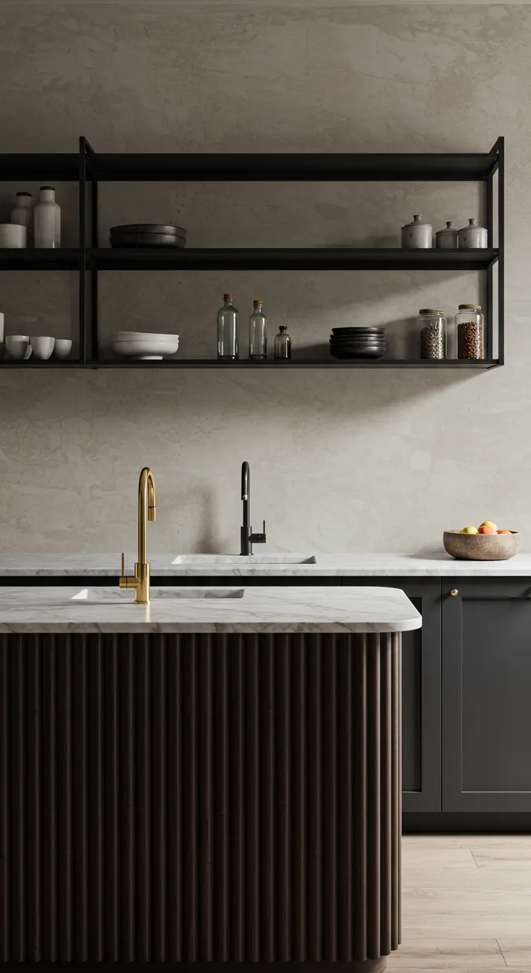 Cocina con pared de microcemento, estanterías negras de metal y una isla acanalada.
