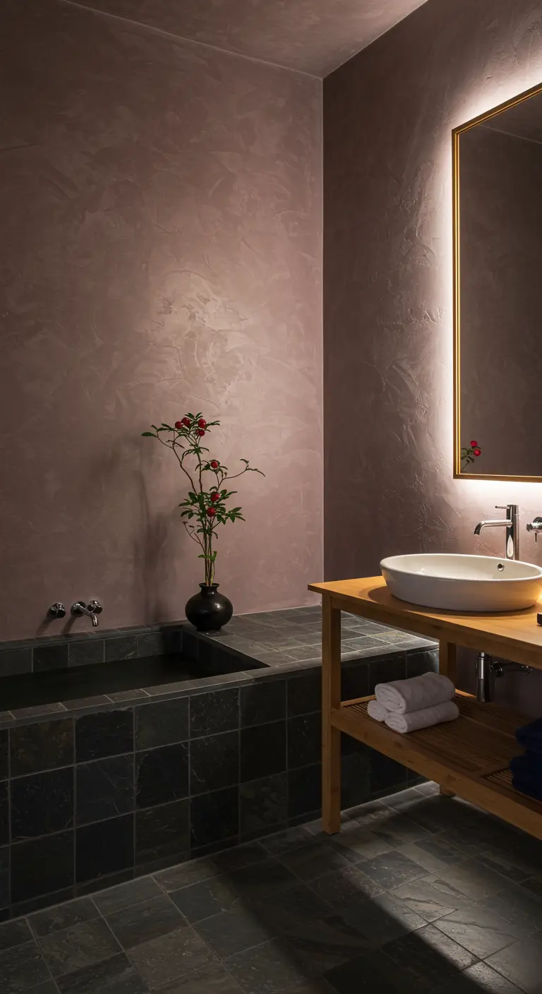 Baño con paredes de estuco malva, bañera de pizarra negra y mueble de bambú