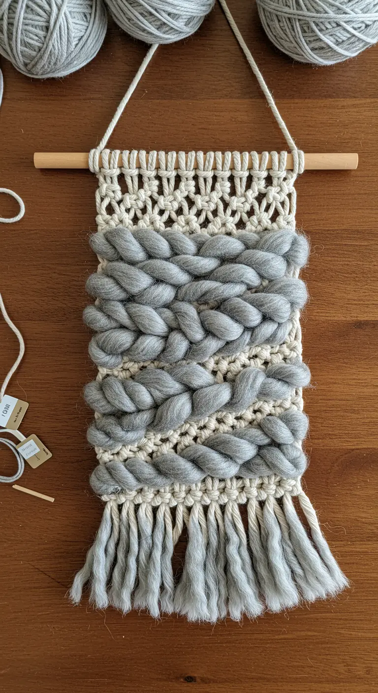 Tapiz tejido con lana merino gris extra gruesa y base de macramé en hilo de algodón crudo.