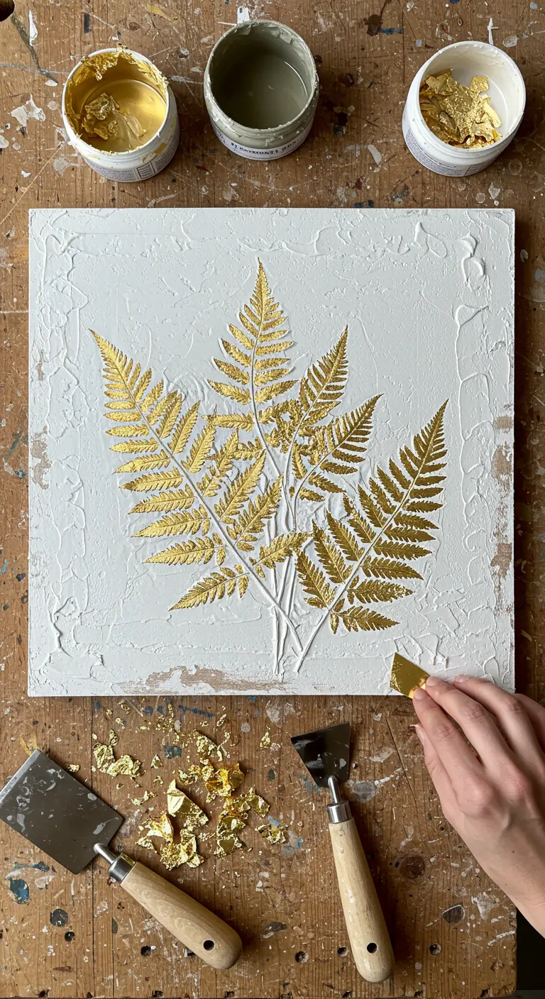 Helecho dorado sobre un lienzo blanco con textura en relieve.