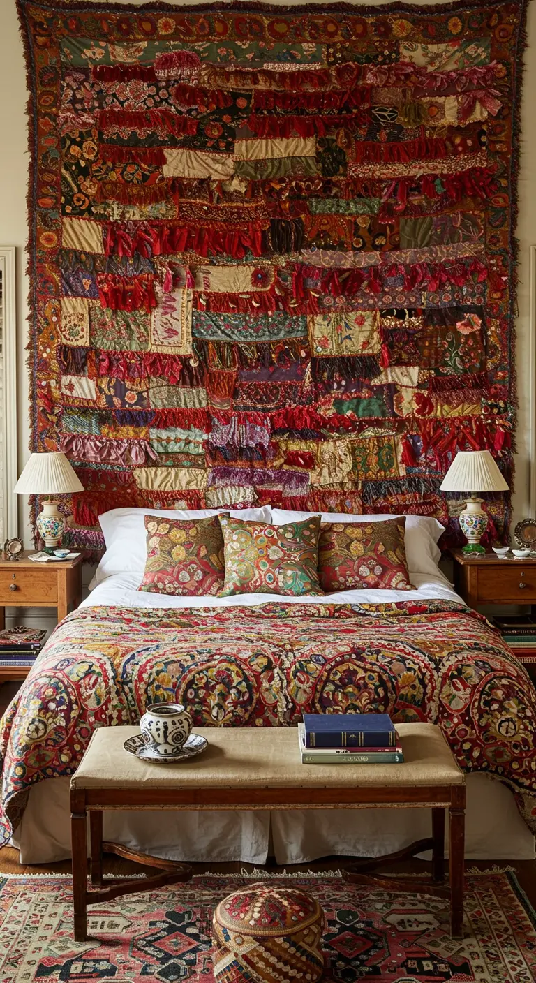 Un gran tapiz de patchwork con muchos colores y texturas cuelga como cabecero de cama.