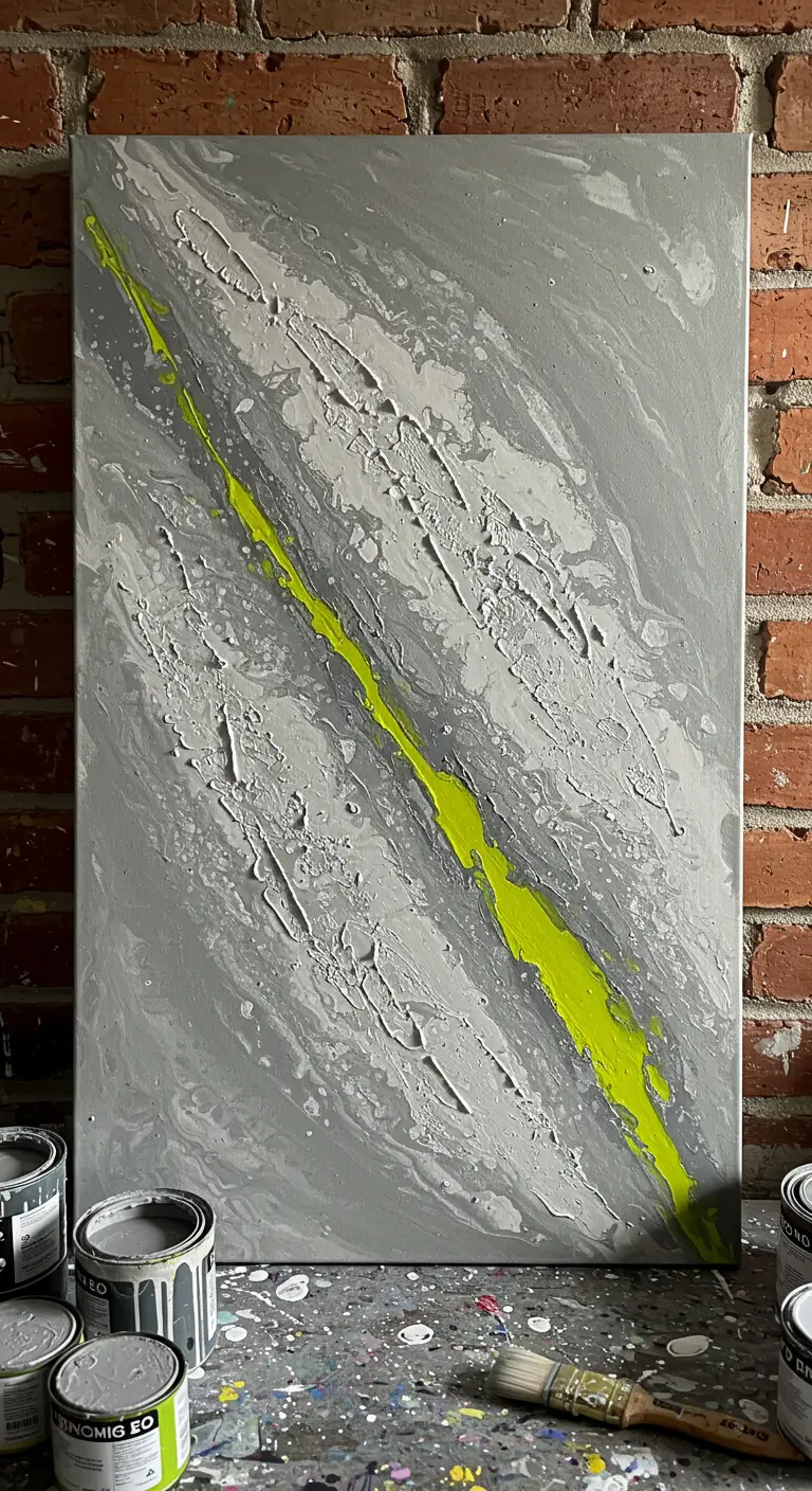Lienzo gris con textura de yeso y una franja diagonal de pintura verde lima brillante