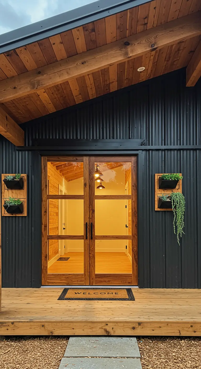 Fachada moderna de metal corrugado negro con una puerta de granero de madera y cristal.