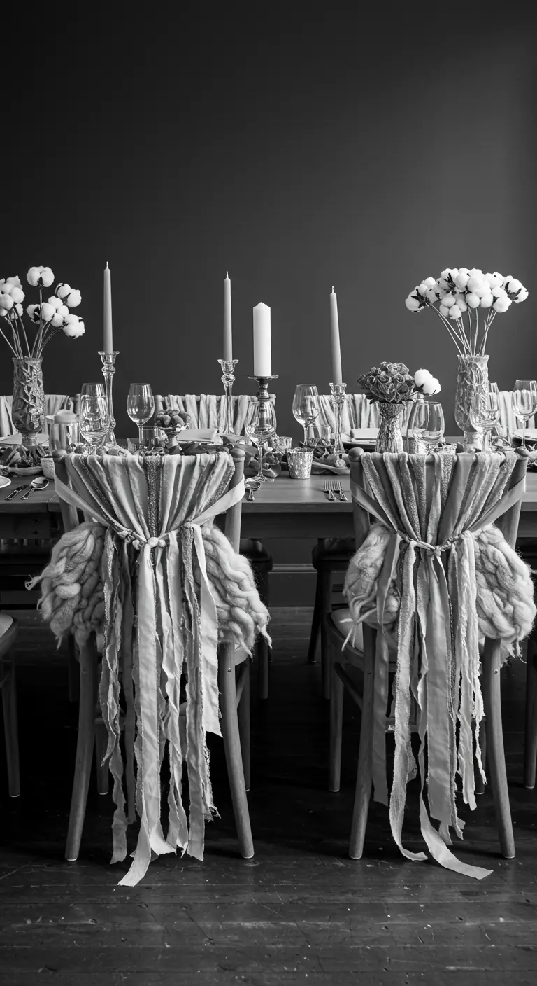 Sillas de comedor decoradas con tiras de tela texturizada en tonos neutros. Foto en blanco y negro.