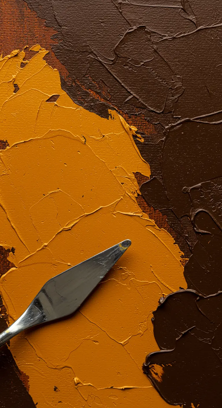 Primer plano de pintura texturizada en ocre y marrón con una espátula.