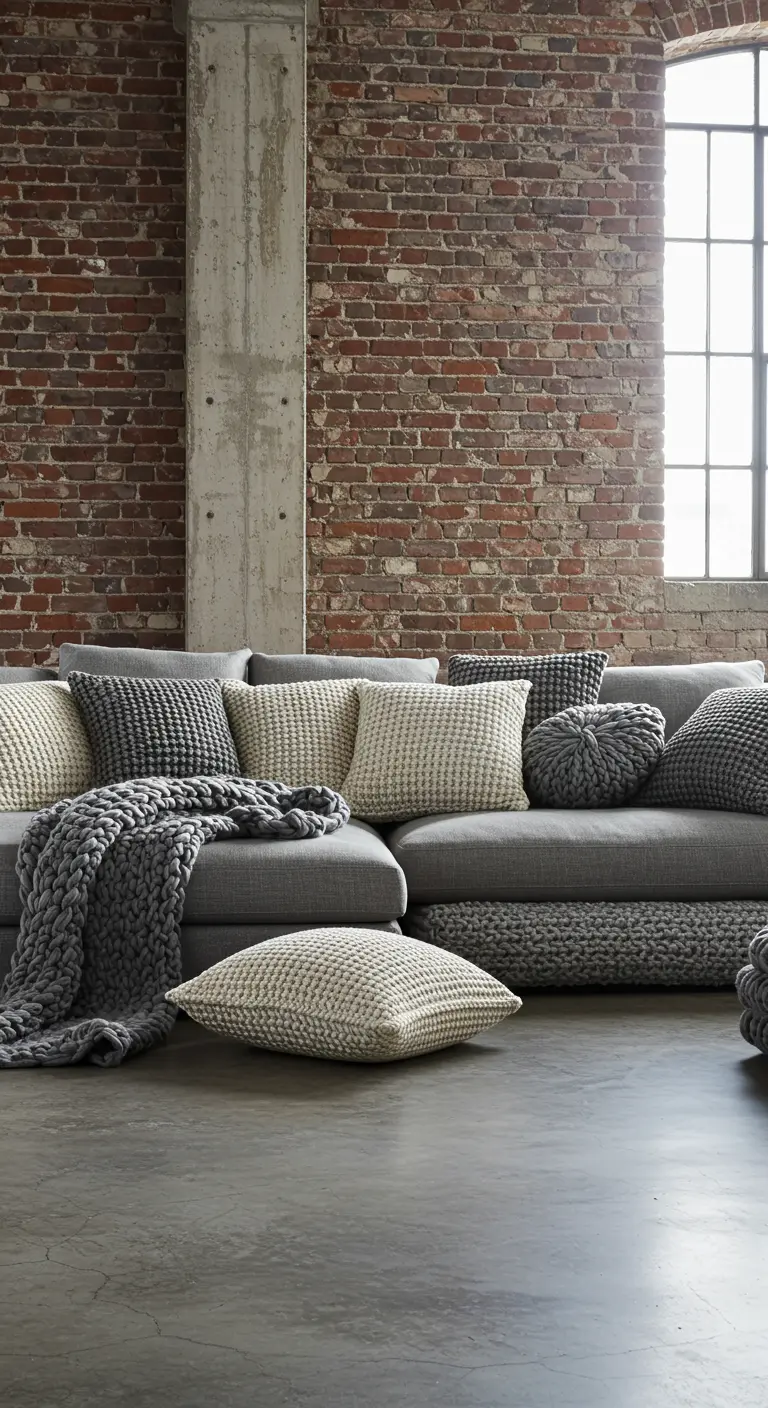 Sofá seccional gris en un loft industrial con cojines y mantas de punto.