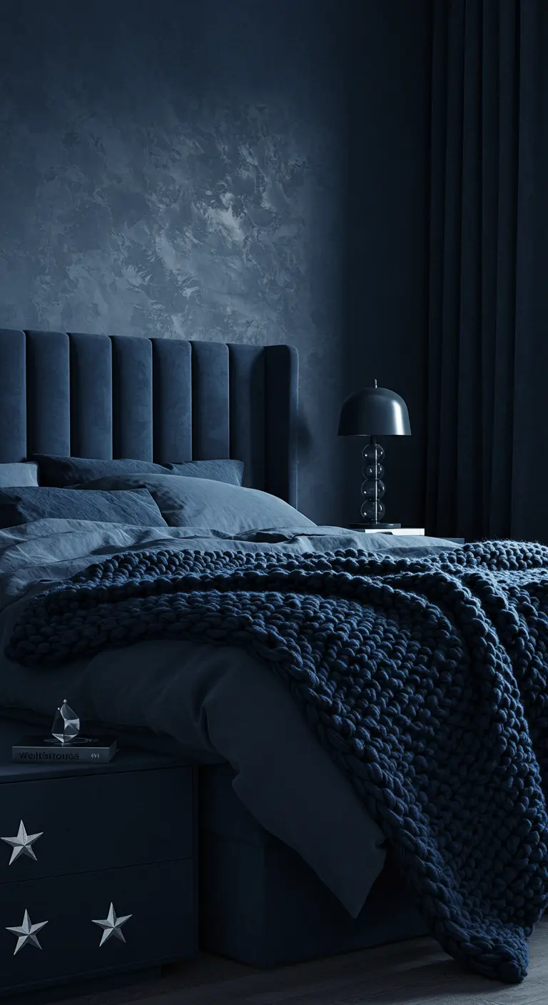 Dormitorio monocromático en azul oscuro con pared texturizada y una manta de punto grueso.