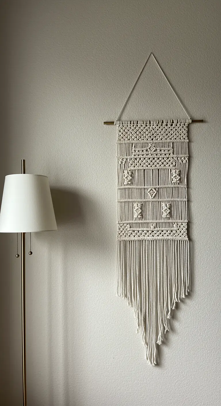 Tapiz de macramé rectangular en color crudo con nudos en relieve y flecos asimétricos.