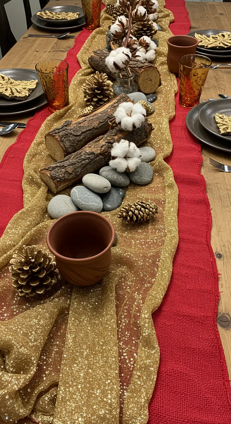 Mesa rústica con mantel rojo, camino dorado brillante, troncos, piedras y flores de algodón.