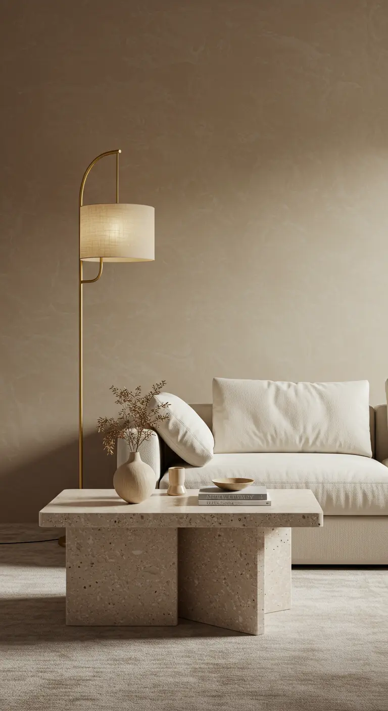 Sala de estar minimalista en tonos beige con una mesa de centro de terrazo y una lámpara dorada