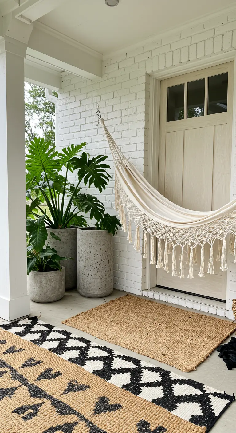 Porche con pared de ladrillo blanco, una hamaca de macramé y alfombras de yute superpuestas.