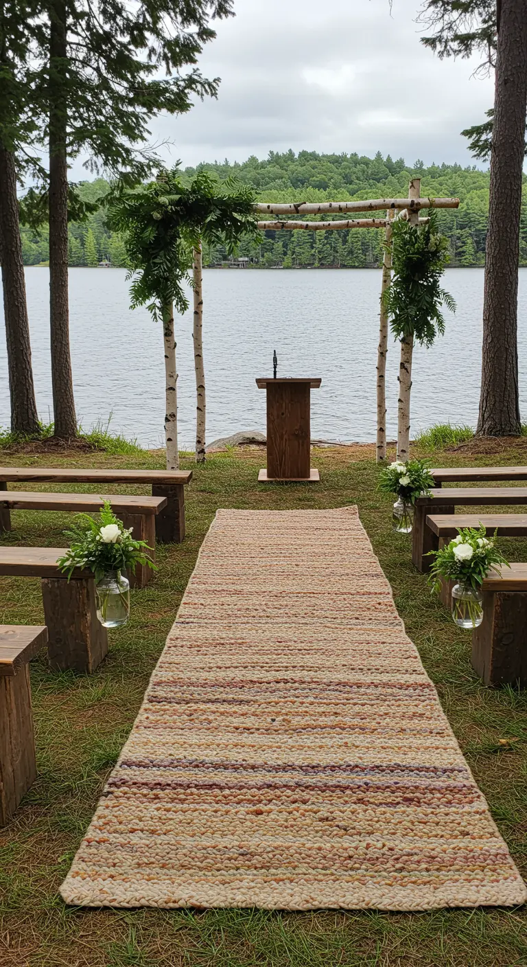 Alfombra de pasillo de yute trenzado multicolor en una boda junto a un lago.
