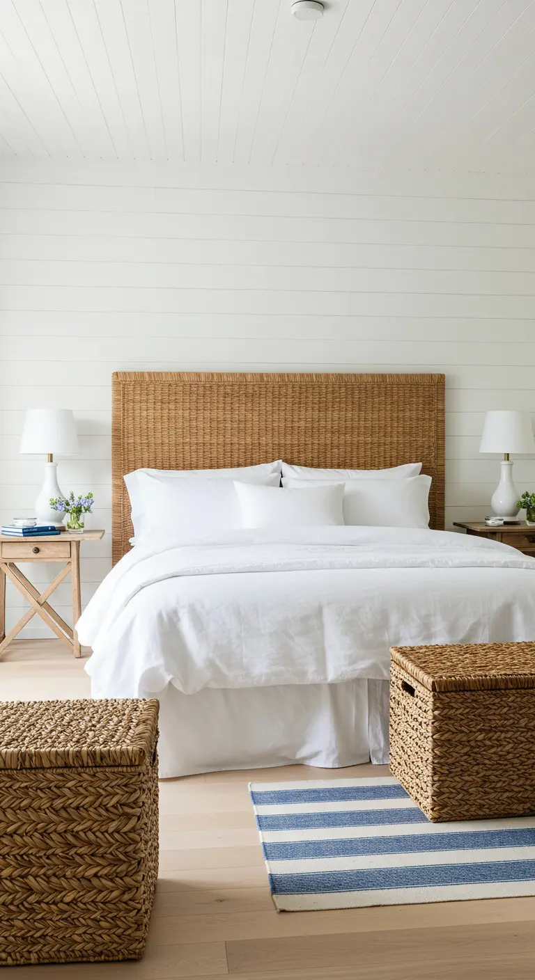 Dormitorio costero con cabecera de mimbre, ropa de cama blanca y cestas de fibra natural.
