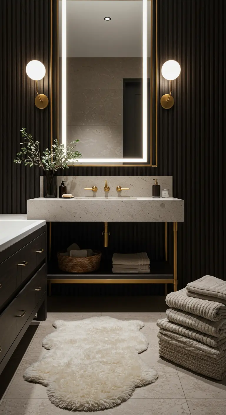 Baño moderno con pared de listones de madera oscura, lavabo de hormigón y alfombra de piel de oveja.
