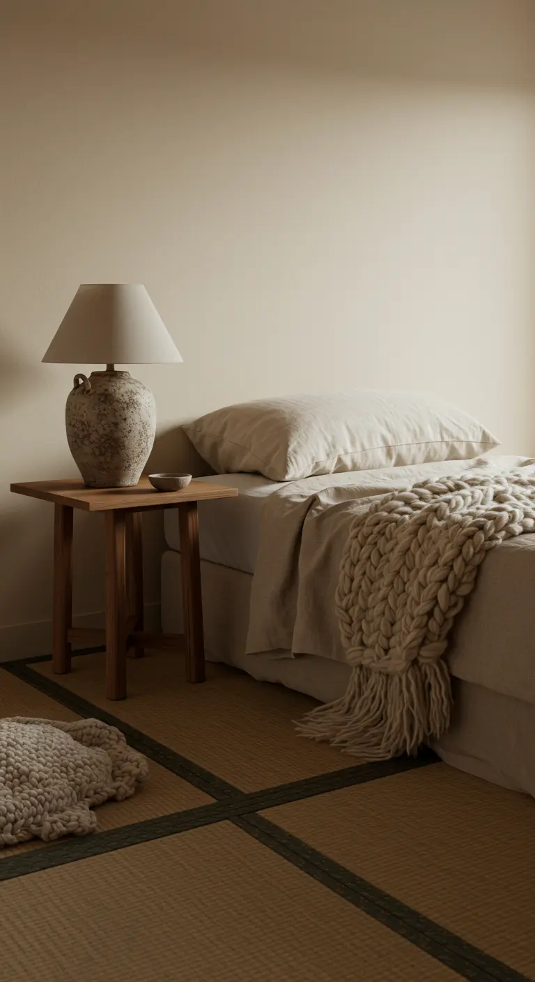 Cama con manta de punto grueso sobre un suelo de tatami y lámpara de cerámica.