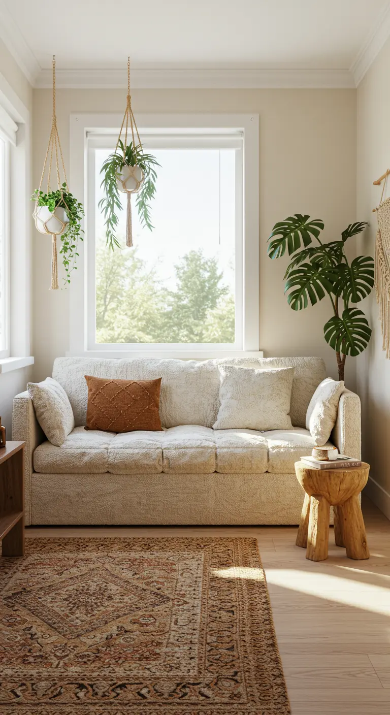 Sofá cama de tela bouclé color crema en un salón boho con plantas colgantes y luz natural.