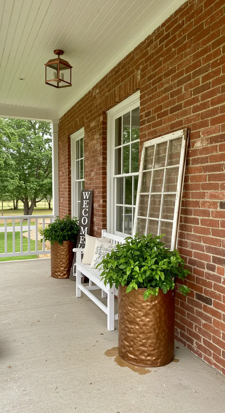 Porche de ladrillo con banco blanco, maceteros de cobre y un marco de ventana antiguo.