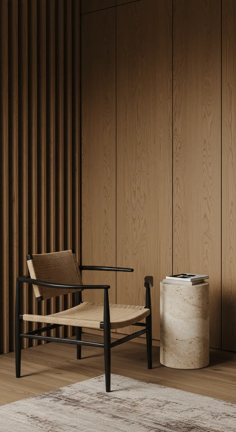 Rincón de lectura con silla de madera y cuerda tejida, mesa auxiliar de travertino y pared de listones.