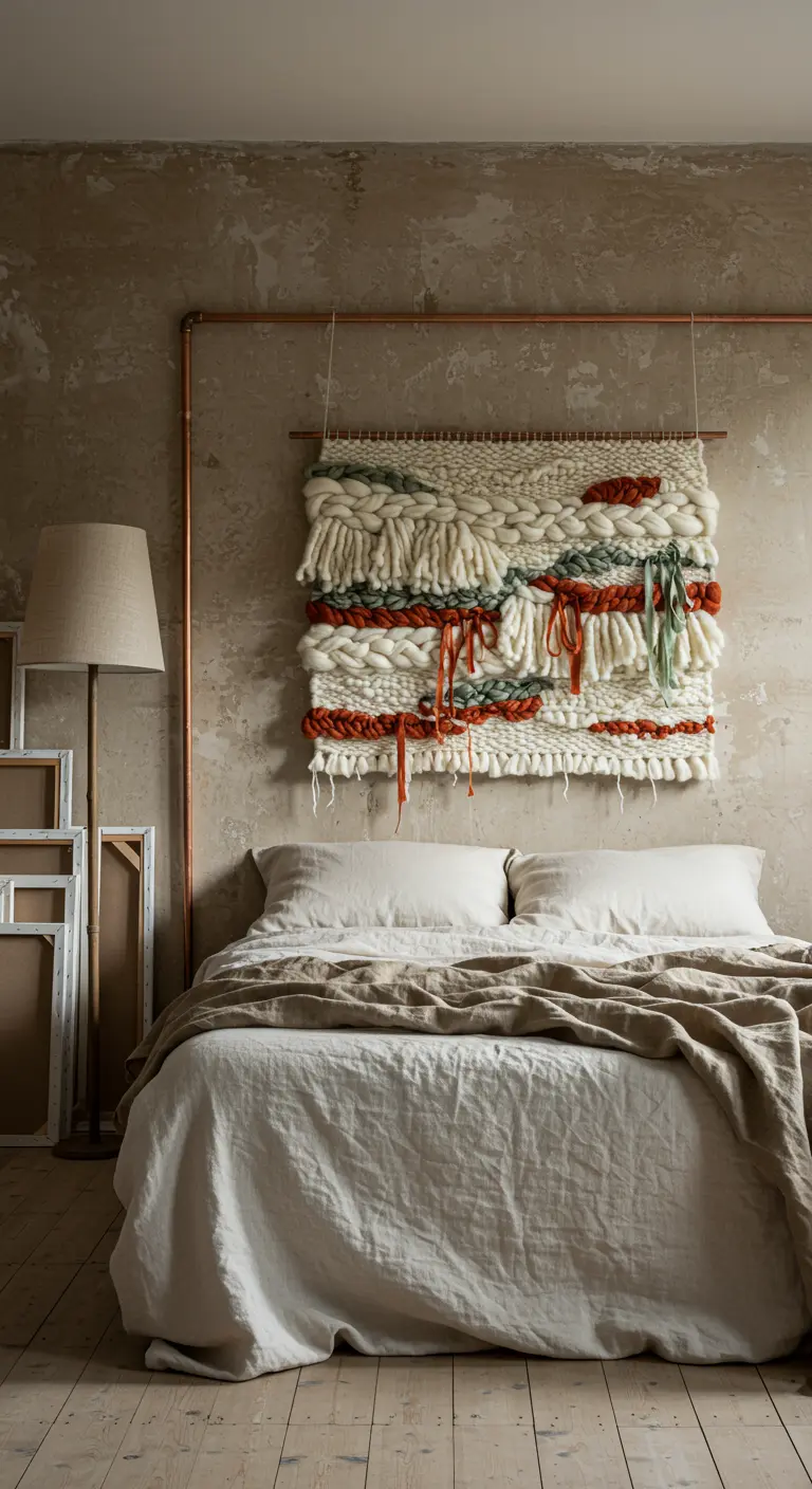 Tapiz tejido a mano con lanas gruesas en tonos neutros y tierra, colgado de una barra de cobre como cabecero
