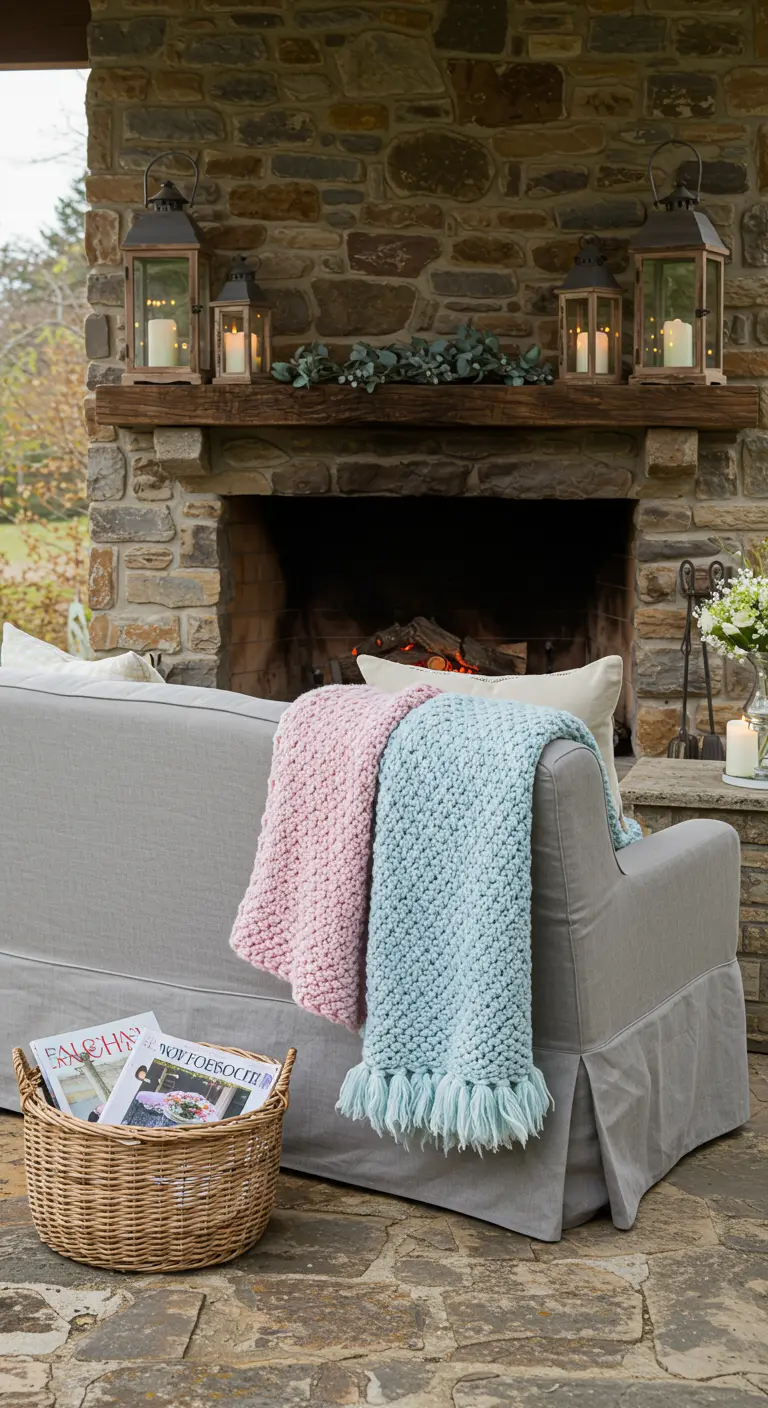 Sofá gris junto a una chimenea de piedra con mantas de punto rosa y azul.
